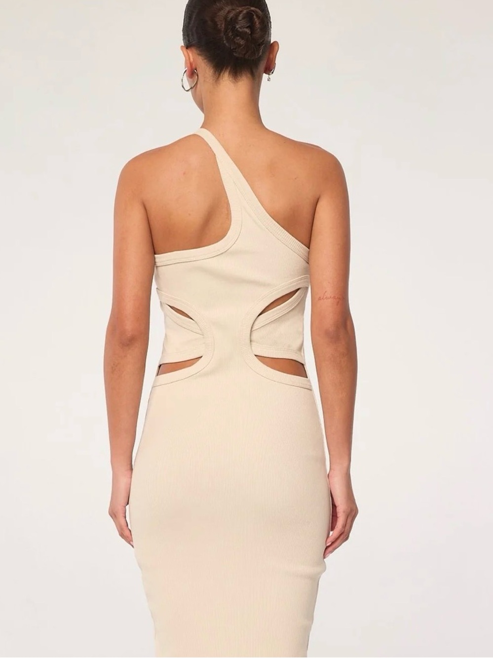 The Line by K Gael One-Shoulder Cutout Ribbed Midi Dress in Cream